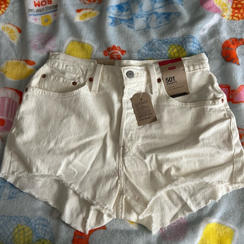 Levi's Cream Jean Shorts Distressed High-Waisted